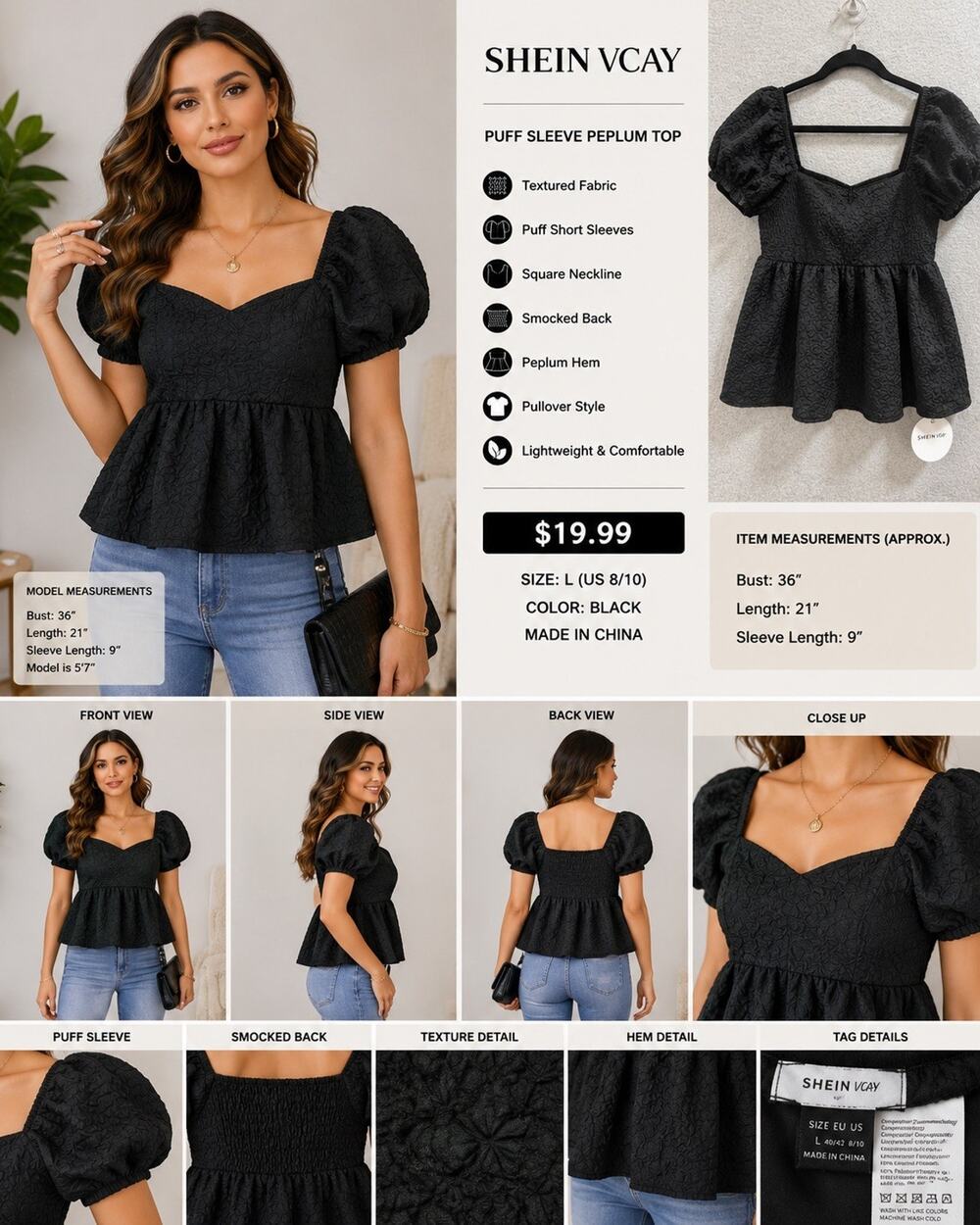 🆕SHEIN VCAY Women's Black Smocked Puff Sleeve Square Neck Peplum Blouse LG NWT